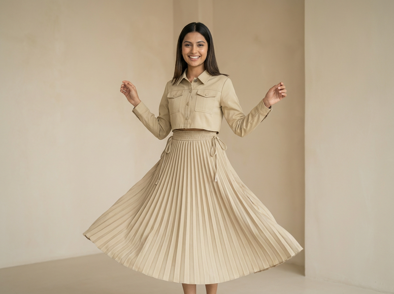 Woman wearing a beige cropped shirt paired with a matching pleated midi skirt, twirling in a minimal indoor setting.

