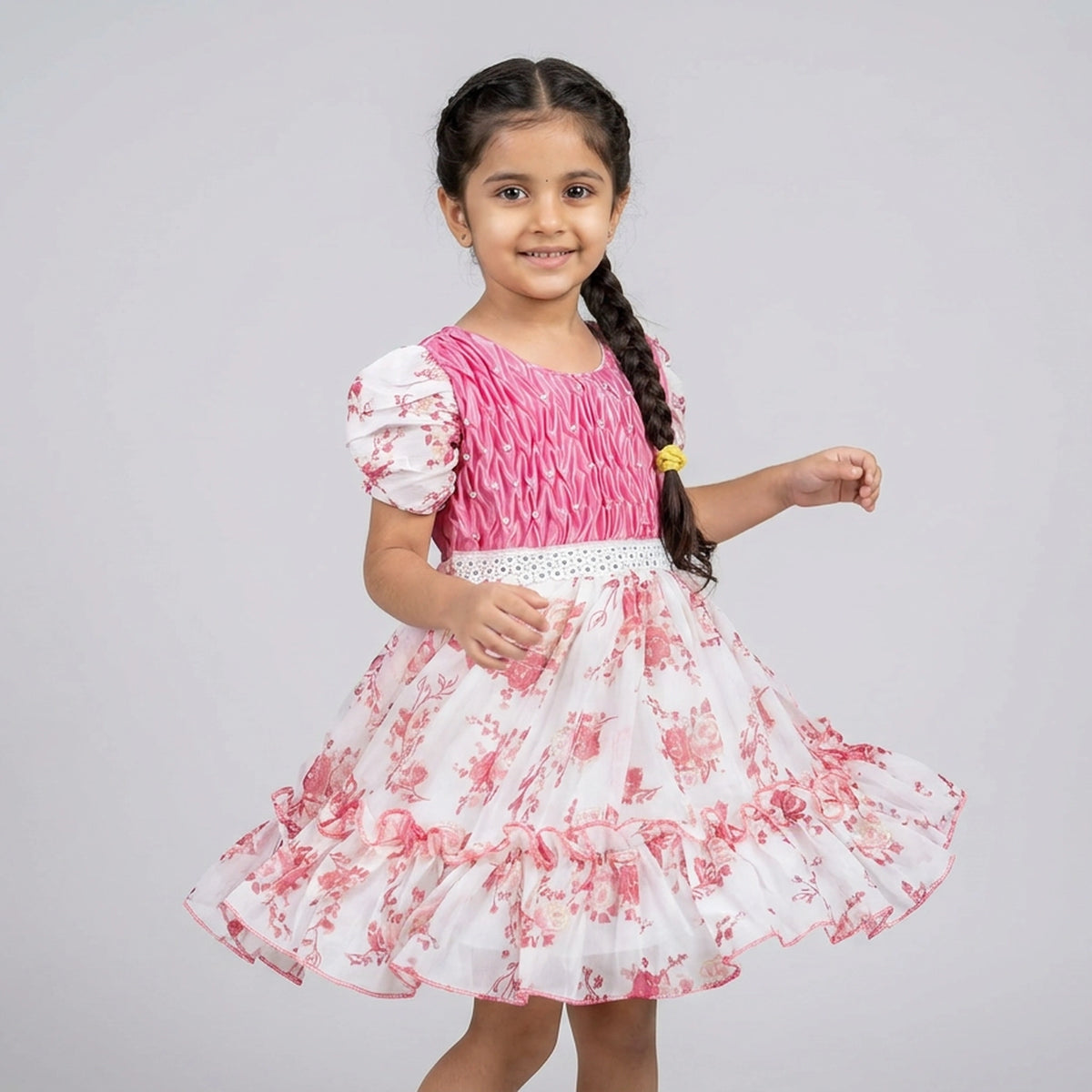 Girls Pink Smocked Bodice Floral Print Ruffle Dress with Lace Waist