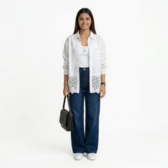 Women’s Lace Hem Cotton Shirt – Embroidered Button-Down Top | White, Blue, Pink, Beige & Black Casual Shirt