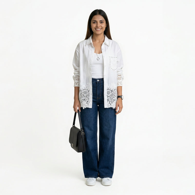 Women’s Lace Hem Cotton Shirt – Embroidered Button-Down Top | White, Blue, Pink, Beige & Black Casual Shirt