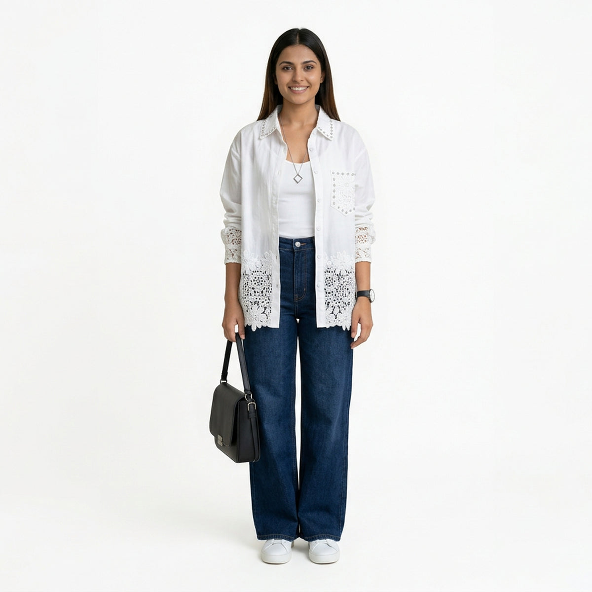Women’s Lace Hem Cotton Shirt – Embroidered Button-Down Top | White, Blue, Pink, Beige & Black Casual Shirt - image 11