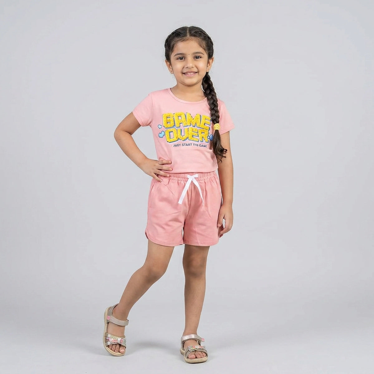 Kids Game Over Graphic Print T-Shirt with Drawstring Shorts Set