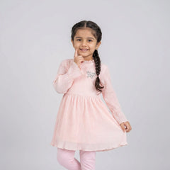 Girls Blush Pink A-Line Kurti with Leggings Set – Elegant Long Sleeve Casual & Festive Wear Outfit for Kids