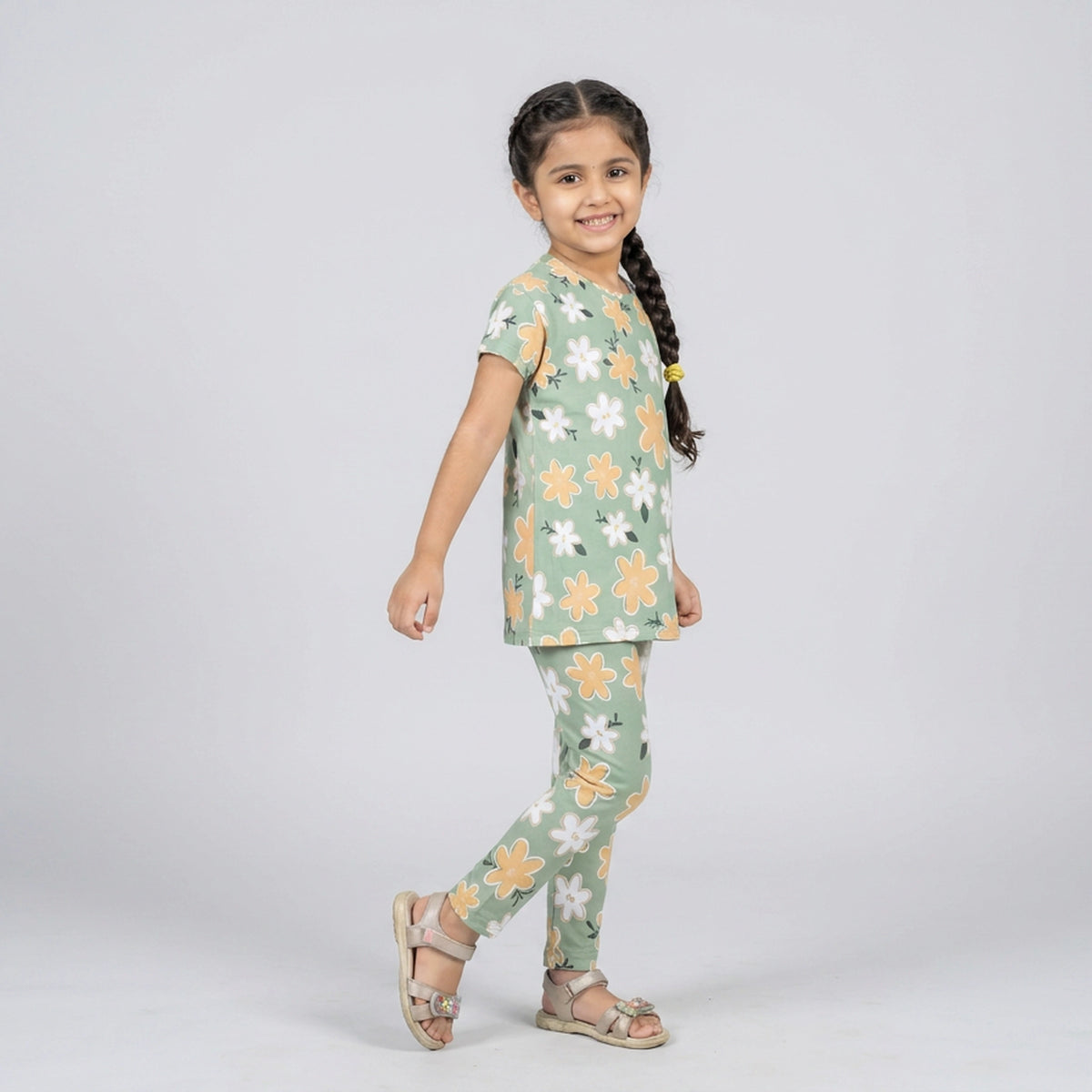 Girls Sage Green Floral Print Cotton T-Shirt & Leggings Set