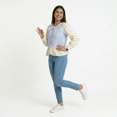 Polka Dot Button-Front Peplum Top with Contrast Sleeves