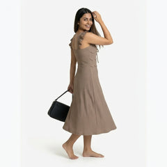 Ribbed Midi Dress with Ruffle Sleeves & Tie Front – Elegant A-Line Summer Dress for Women