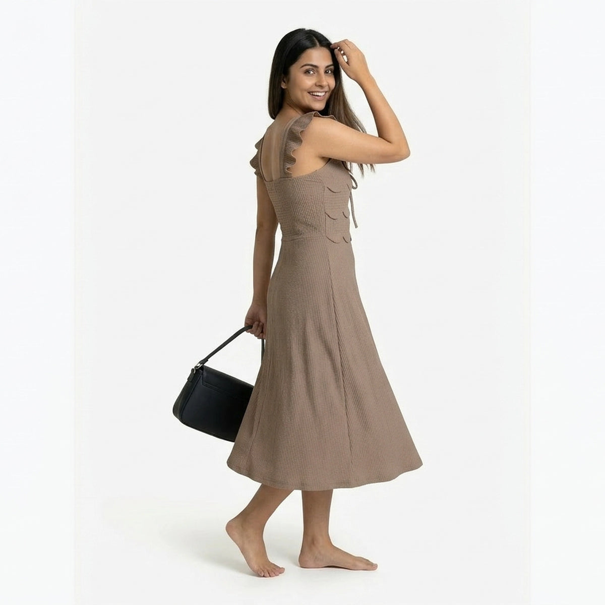 Ribbed Midi Dress with Ruffle Sleeves & Tie Front – Elegant A-Line Summer Dress for Women - image 12