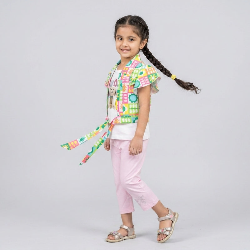 Girls Multicolor Printed Layered Tunic Top with Pink Leggings Set – Casual & Party Wear Outfit for Kids