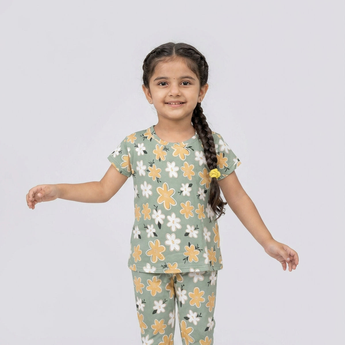 Girls Sage Green Floral Print Cotton T-Shirt & Leggings Set