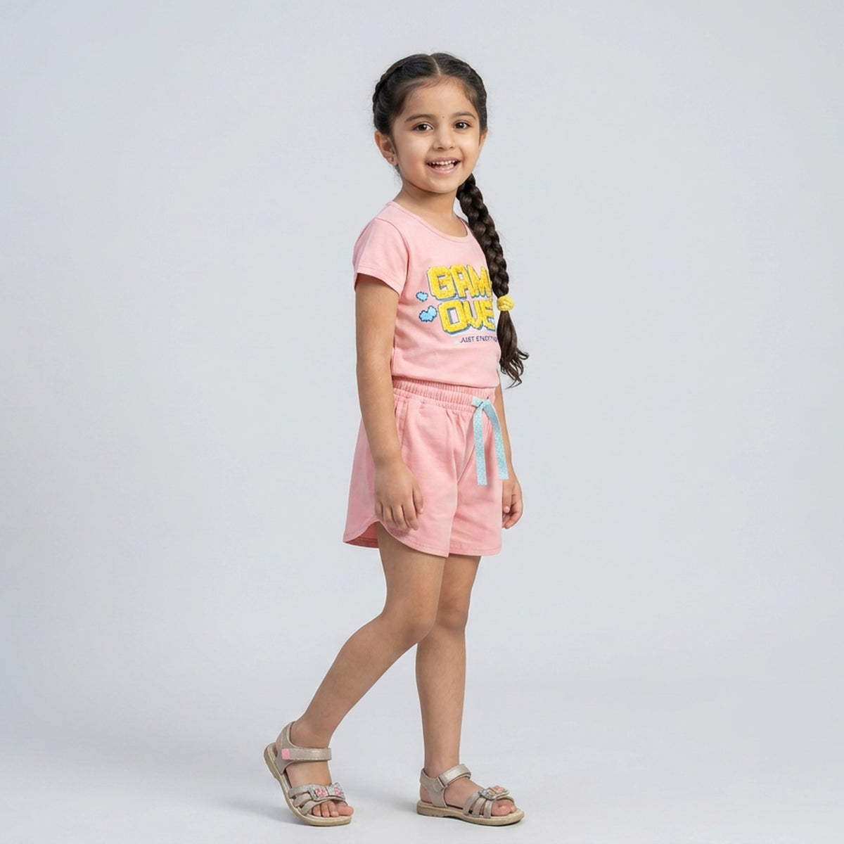 Kids Game Over Graphic Print T-Shirt with Drawstring Shorts Set