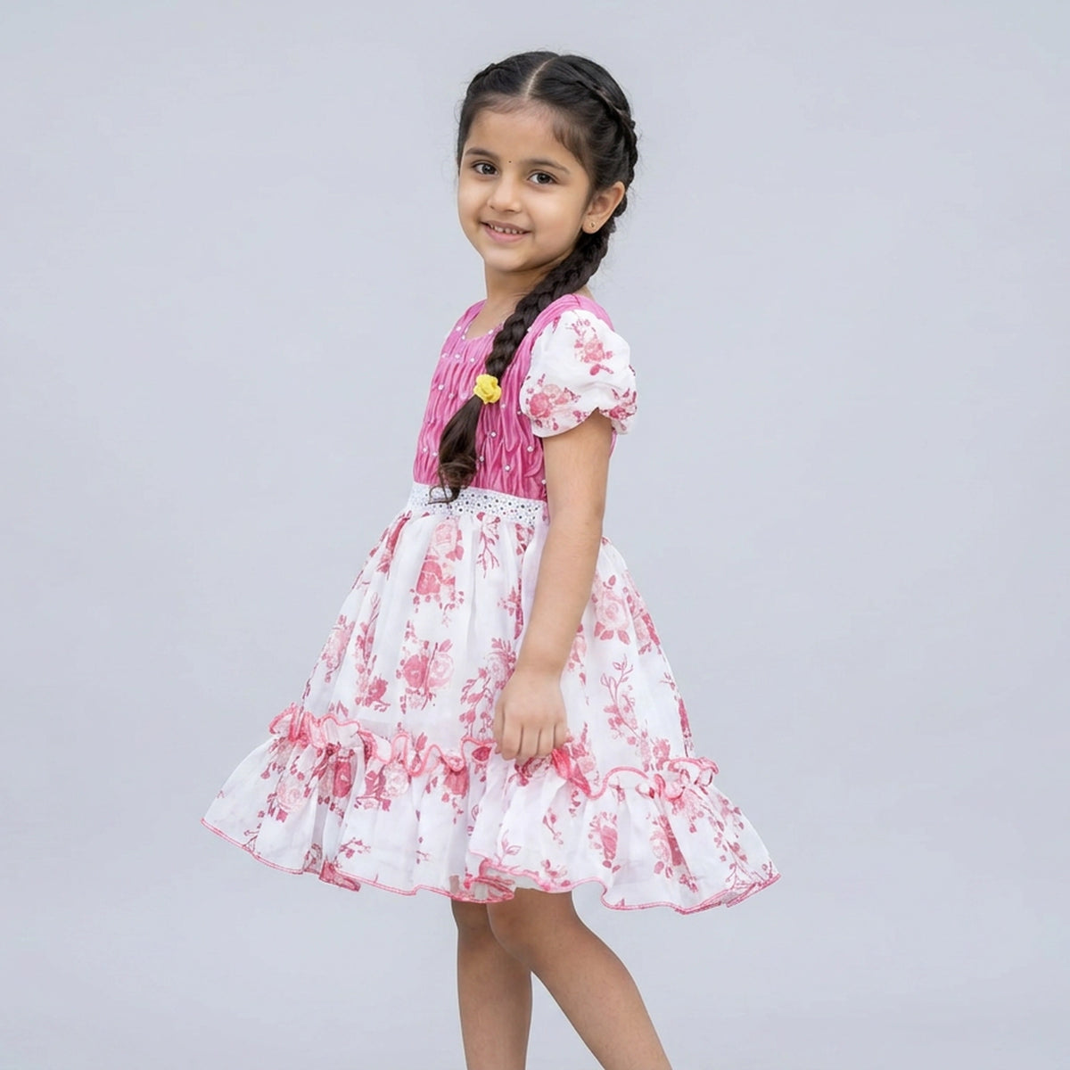 Girls Pink Smocked Bodice Floral Print Ruffle Dress with Lace Waist