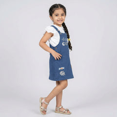 Girls Blue Pinafore Dress with White Ruffle Sleeve Top – Cute Casual Dungaree Style Outfit for Kids