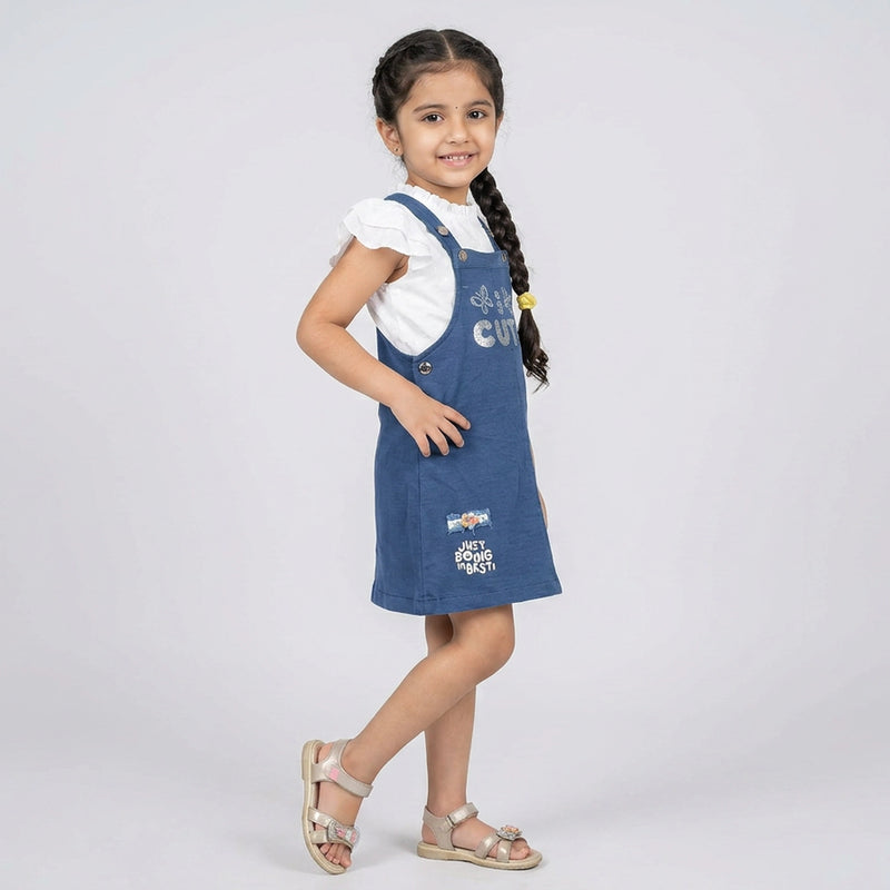 Girls Blue Pinafore Dress with White Ruffle Sleeve Top – Cute Casual Dungaree Style Outfit for Kids