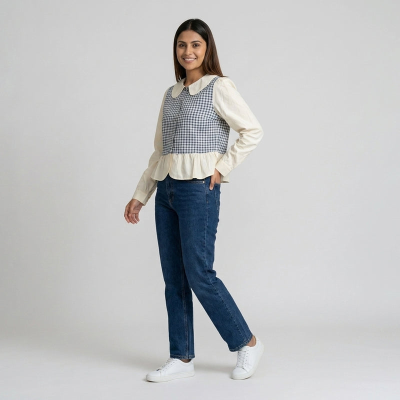 Women’s Gingham Peplum Top with Peter Pan Collar – Casual Chic Outfit Set