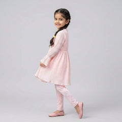 Girl wearing blush pink A-line kurti with matching leggings elegant casual and festive wear outfit for kids stylish girls clothing