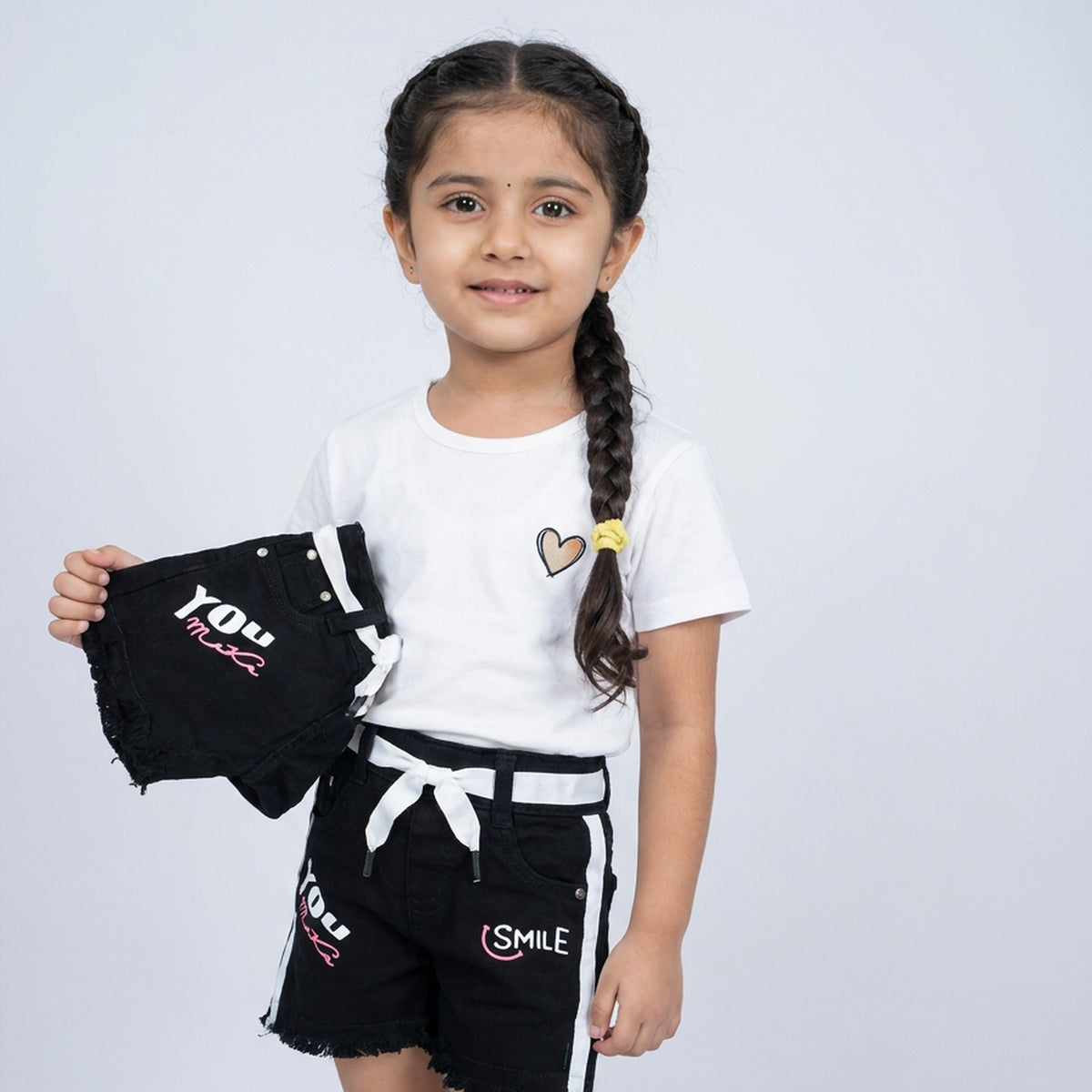 Girls Light Wash Denim Shorts with Satin Ribbon Tie Belt