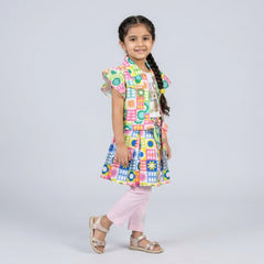 Girls Multicolor Printed Layered Tunic Top with Pink Leggings Set – Casual & Party Wear Outfit for Kids