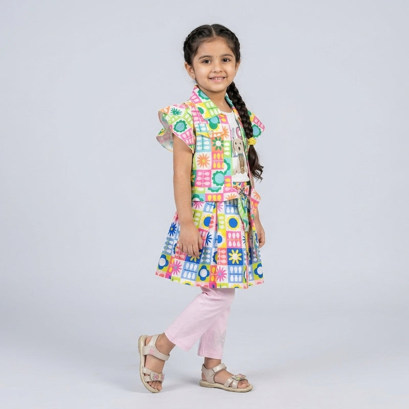 Girls Multicolor Printed Layered Tunic Top with Pink Leggings Set – Casual & Party Wear Outfit for Kids