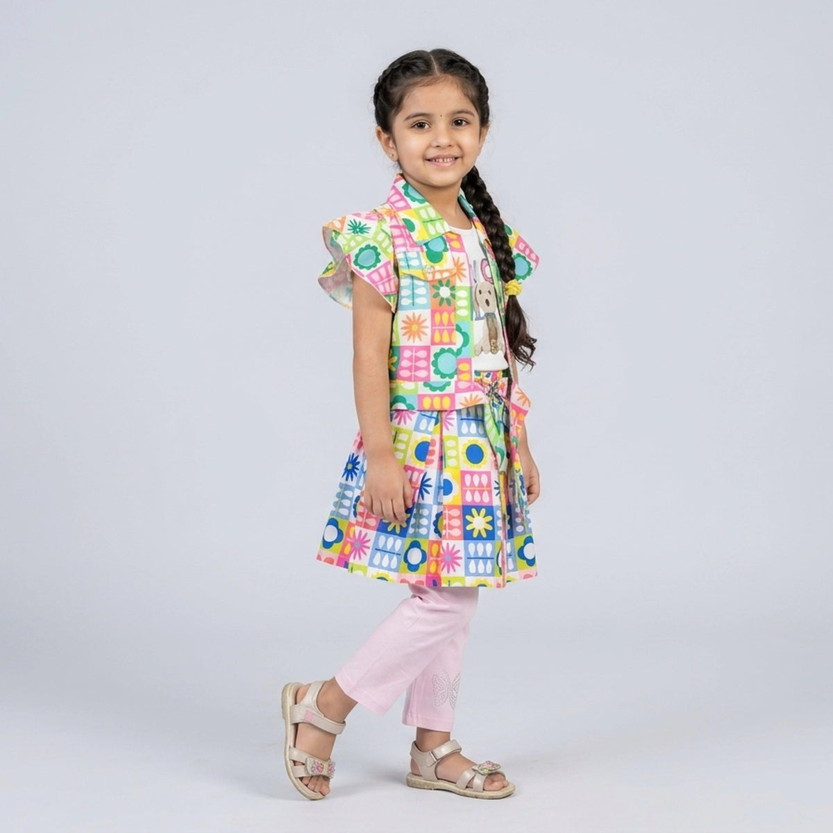 Girls Multicolor Printed Layered Tunic Top with Pink Leggings Set – Casual & Party Wear Outfit for Kids - image 3