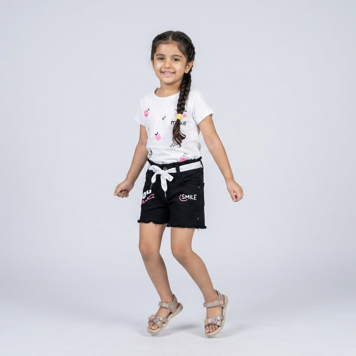 Girls Light Wash Denim Shorts with Satin Ribbon Tie Belt