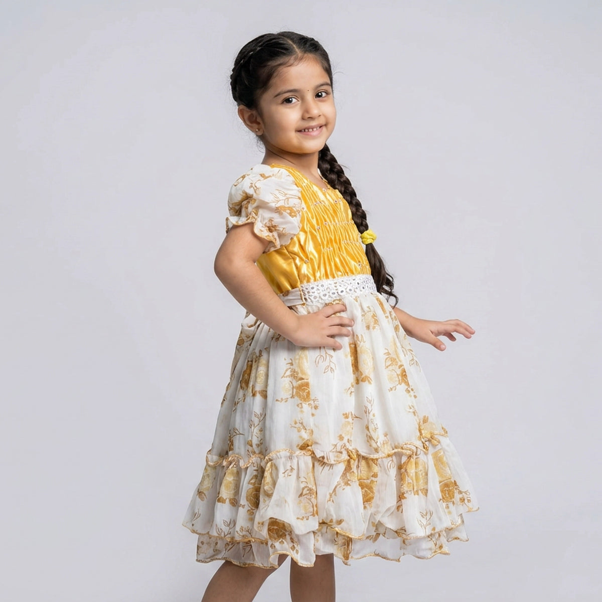 Girls Pink Smocked Bodice Floral Print Ruffle Dress with Lace Waist