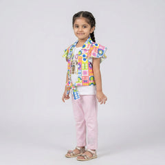 Girls Multicolor Printed Layered Tunic Top with Pink Leggings Set – Casual & Party Wear Outfit for Kids