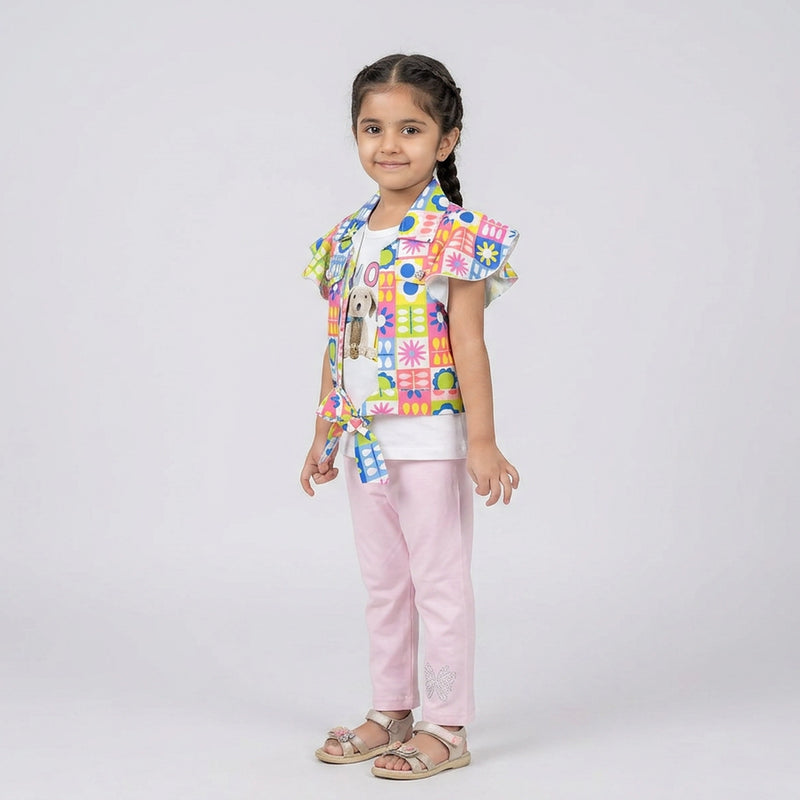 Girls Multicolor Printed Layered Tunic Top with Pink Leggings Set – Casual & Party Wear Outfit for Kids