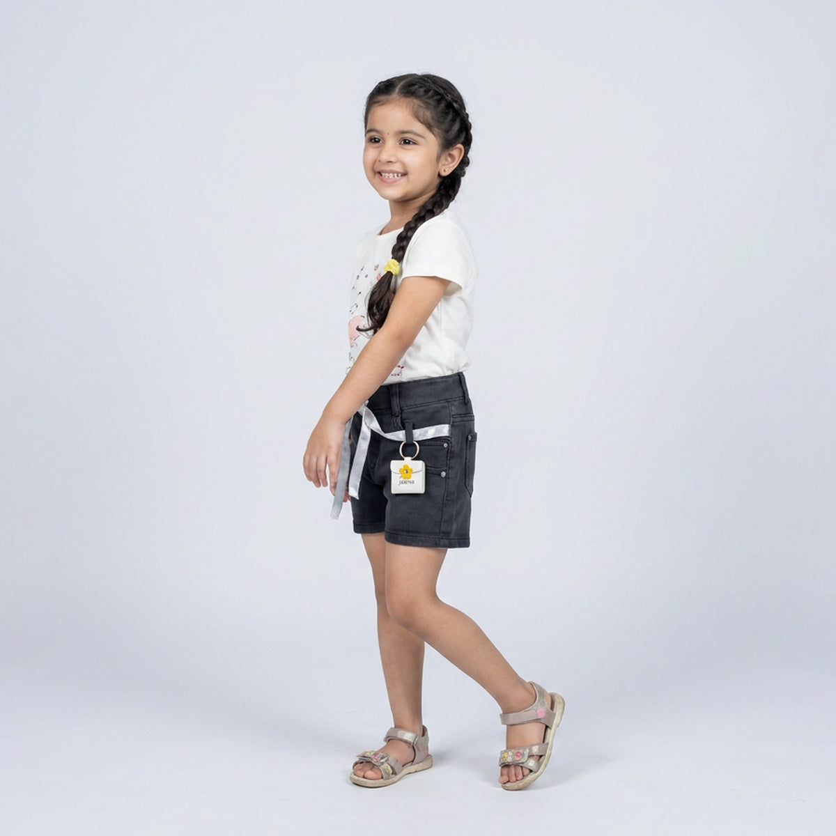 Girls Light Wash Denim Shorts with Satin Ribbon Tie Belt