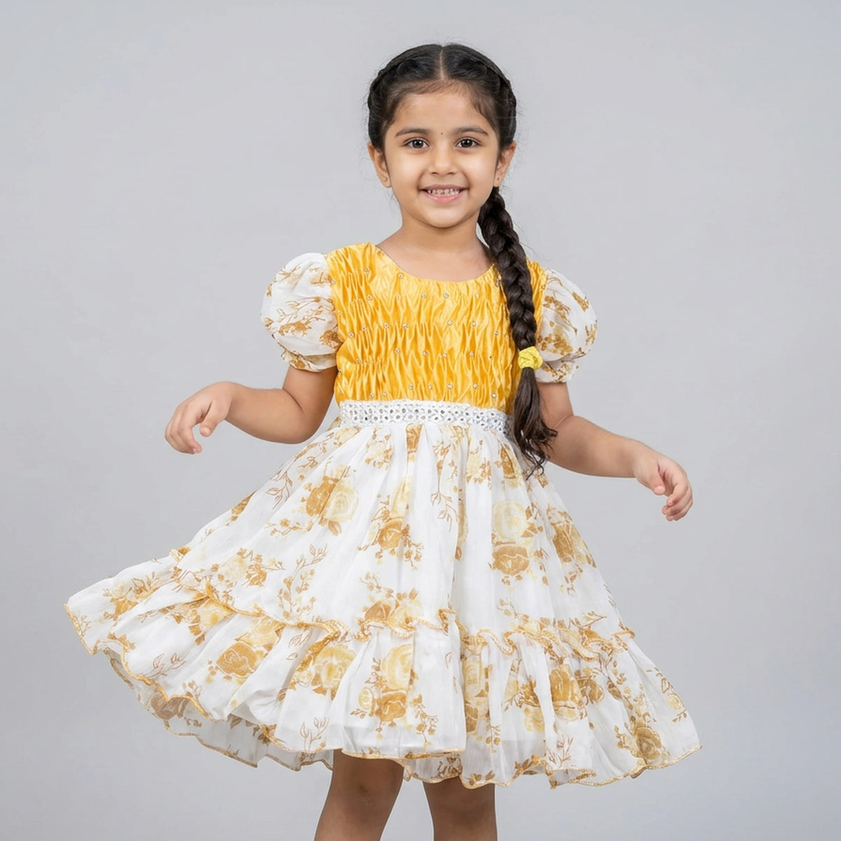 Girls Pink Smocked Bodice Floral Print Ruffle Dress with Lace Waist