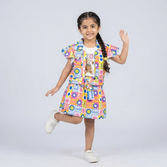 Girls Multicolor Printed Layered Tunic Top with Pink Leggings Set – Casual & Party Wear Outfit for Kids