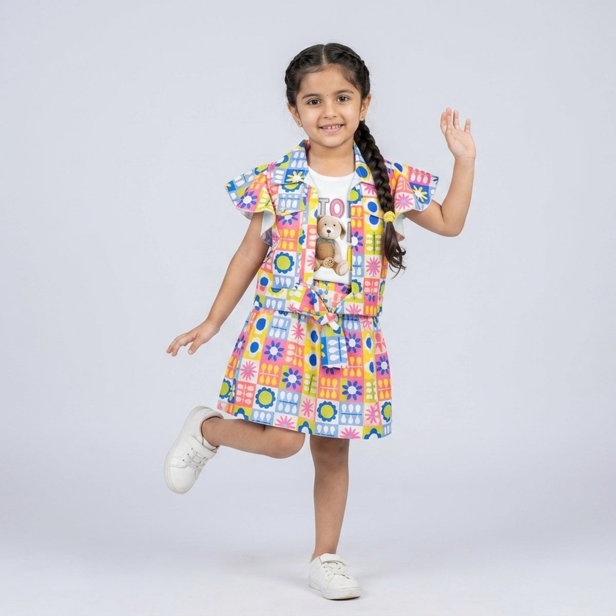 Girls Multicolor Printed Layered Tunic Top with Pink Leggings Set – Casual & Party Wear Outfit for Kids - image 5
