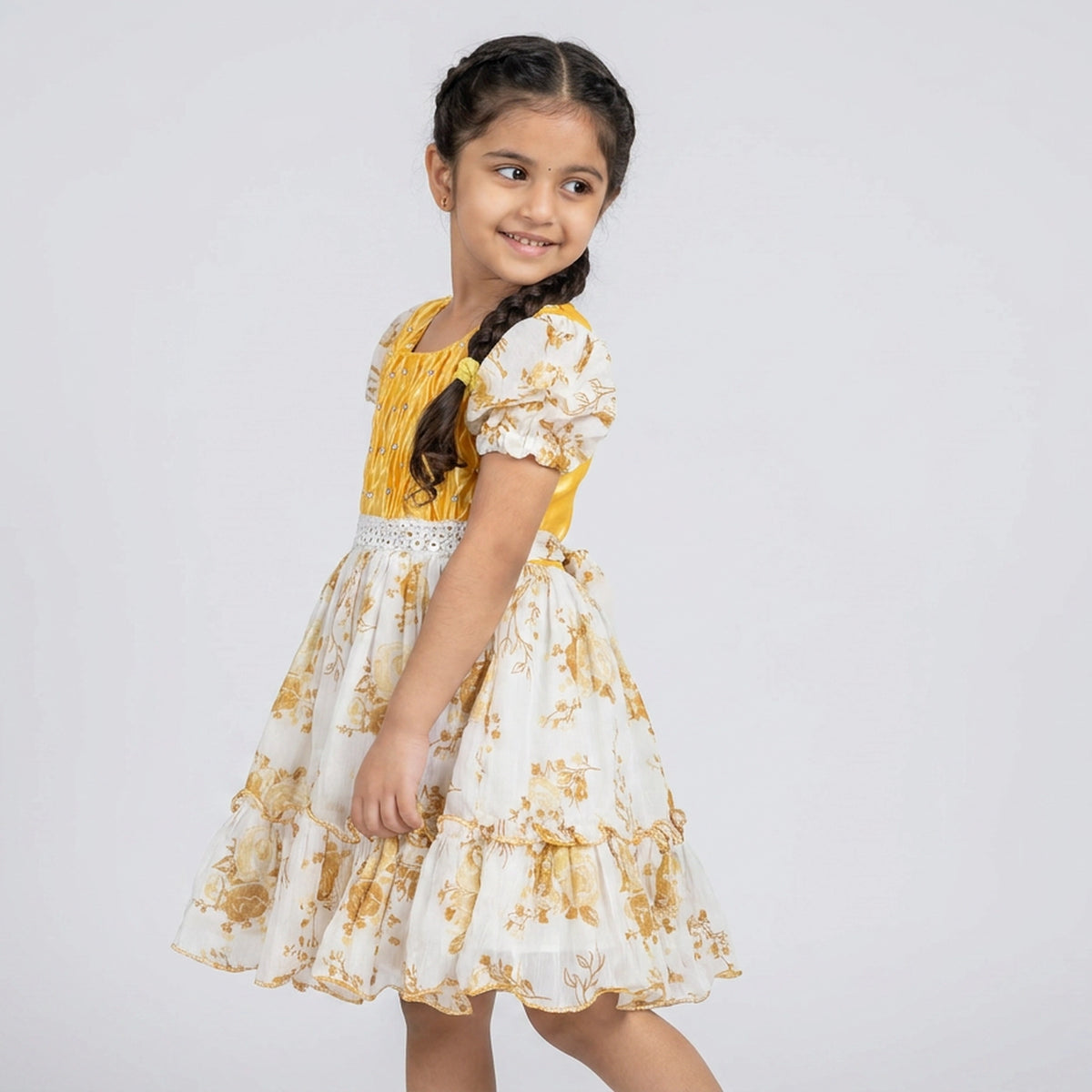 Girls Pink Smocked Bodice Floral Print Ruffle Dress with Lace Waist