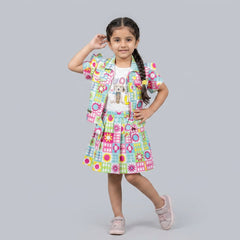 Girls Multicolor Printed Layered Tunic Top with Pink Leggings Set – Casual & Party Wear Outfit for Kids