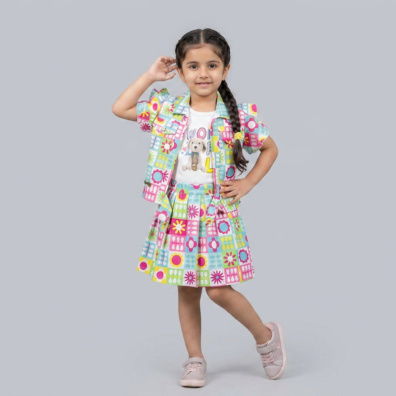Girls Multicolor Printed Layered Tunic Top with Pink Leggings Set – Casual & Party Wear Outfit for Kids