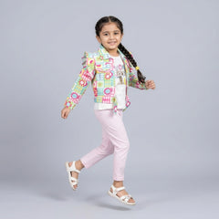 Girls Multicolor Printed Layered Tunic Top with Pink Leggings Set – Casual & Party Wear Outfit for Kids