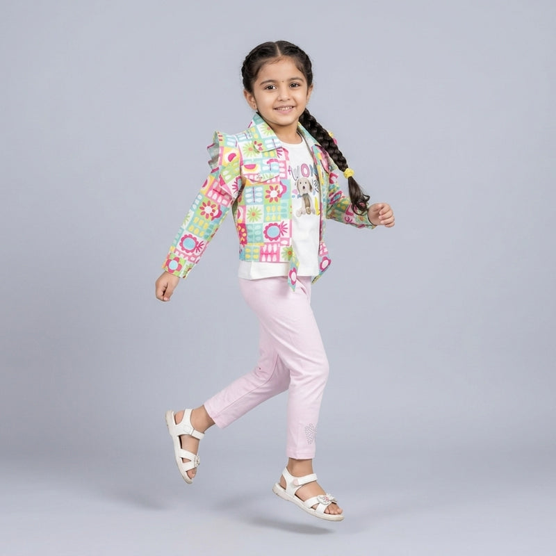 Girls Multicolor Printed Layered Tunic Top with Pink Leggings Set – Casual & Party Wear Outfit for Kids