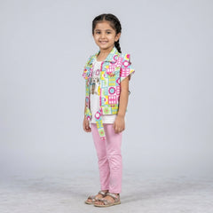 Girls Multicolor Printed Layered Tunic Top with Pink Leggings Set – Casual & Party Wear Outfit for Kids