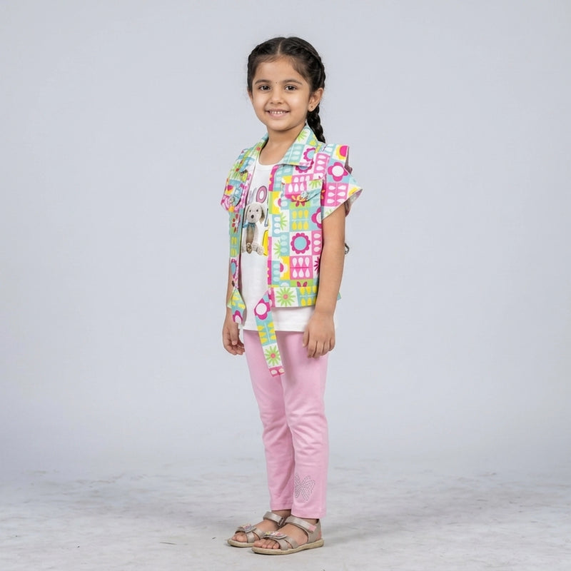 Girls Multicolor Printed Layered Tunic Top with Pink Leggings Set – Casual & Party Wear Outfit for Kids