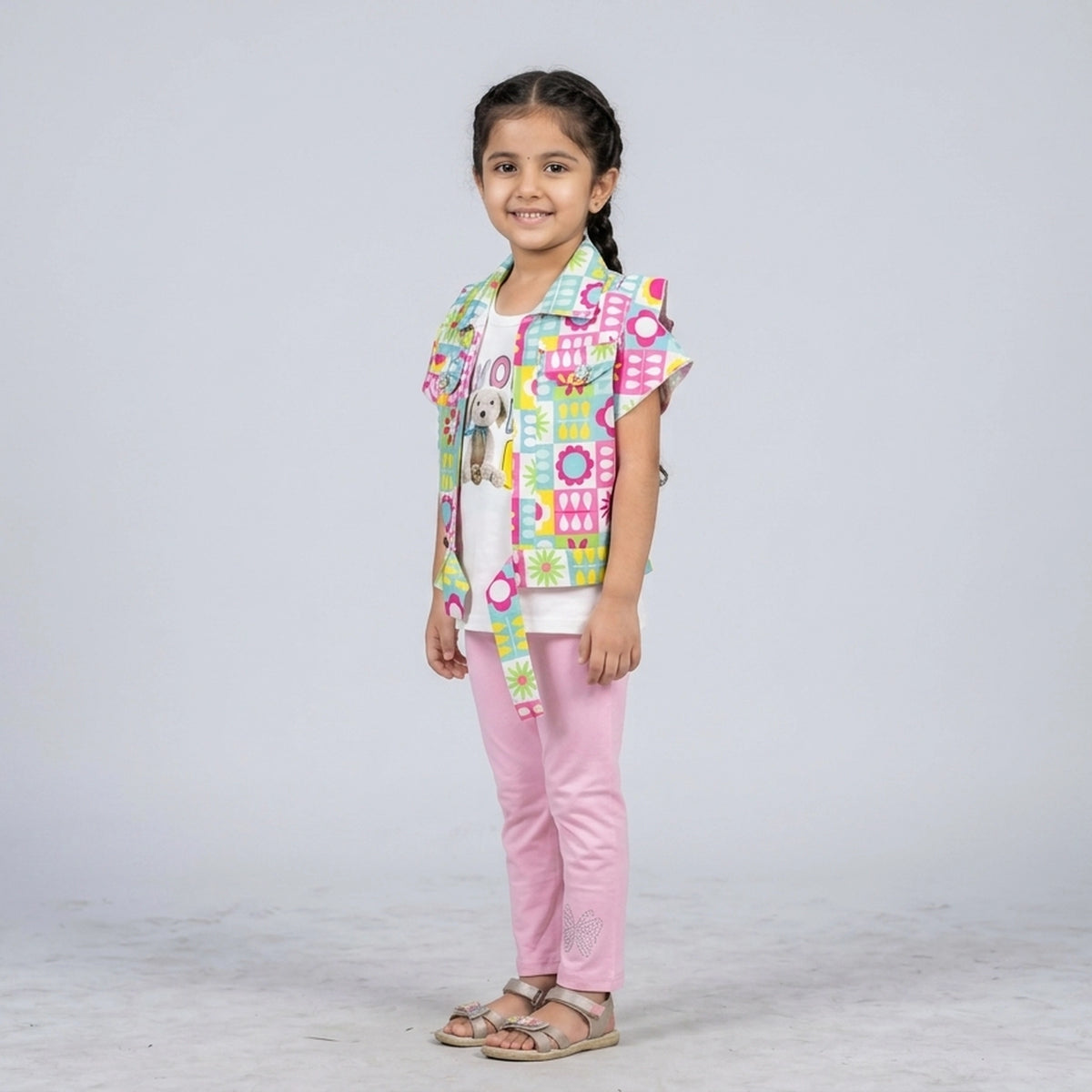 Girls Multicolor Printed Layered Tunic Top with Pink Leggings Set – Casual & Party Wear Outfit for Kids - image 8