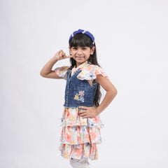 Girls - Denim Pinafore Dress With Floral Print Top and legging