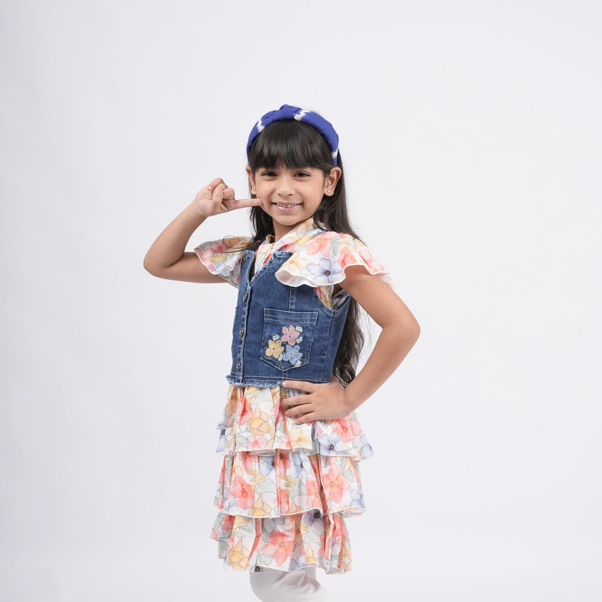Girls - Denim Pinafore Dress With Floral Print Top and legging - image 2
