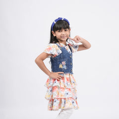 Girls - Denim Pinafore Dress With Floral Print Top and legging