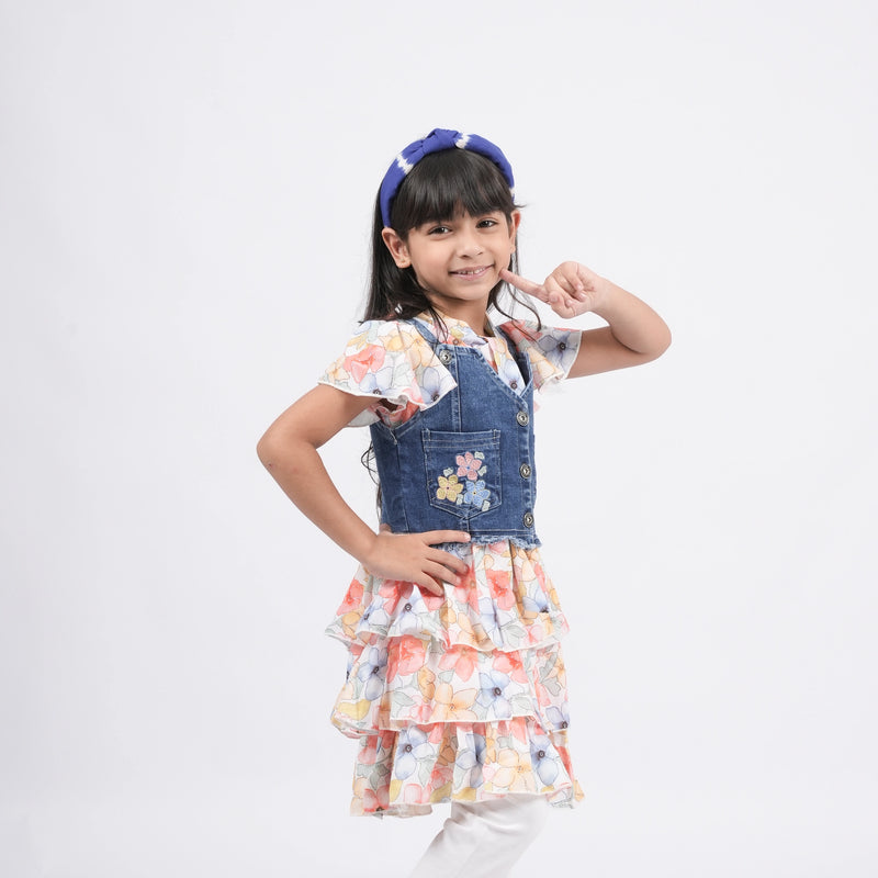 Girls - Denim Pinafore Dress With Floral Print Top and legging