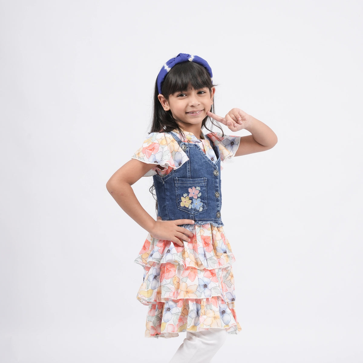 Girls - Denim Pinafore Dress With Floral Print Top and legging - image 4