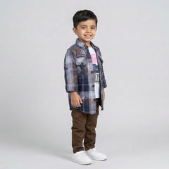 Boys Blue and Brown Checked Shirt with Graphic T-Shirt and Brown Cargo Pants Set