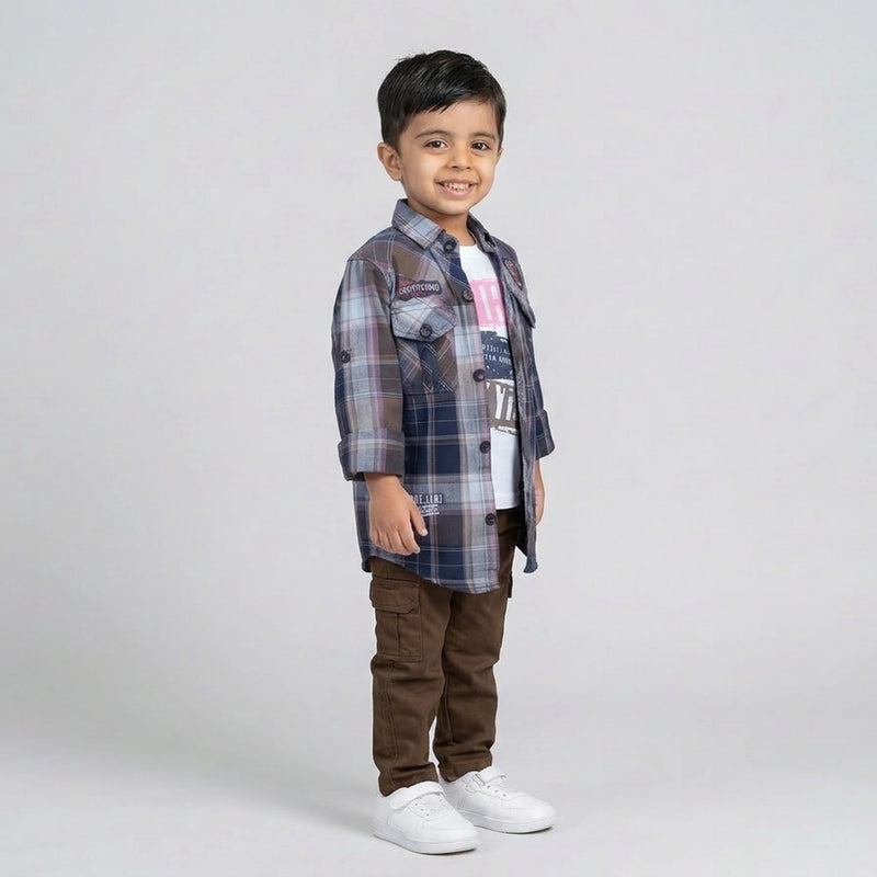 Boys Blue and Brown Checked Shirt with Graphic T-Shirt and Brown Cargo Pants Set