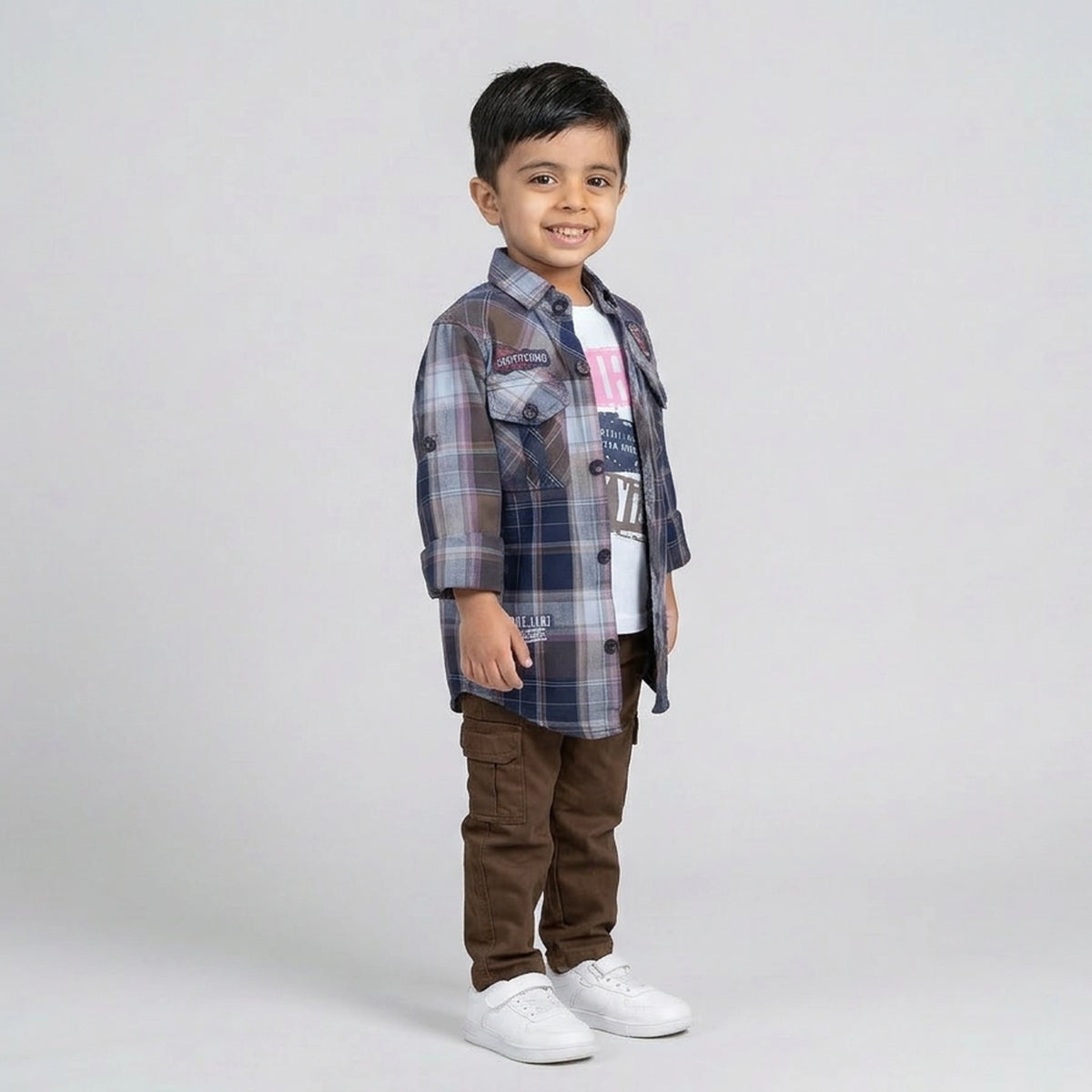 Boys Blue and Brown Checked Shirt with Graphic T-Shirt and Brown Cargo Pants Set
