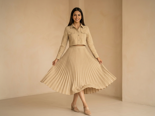 Woman wearing a beige cropped jacket with a matching pleated midi skirt, posing in a minimal indoor setting.

