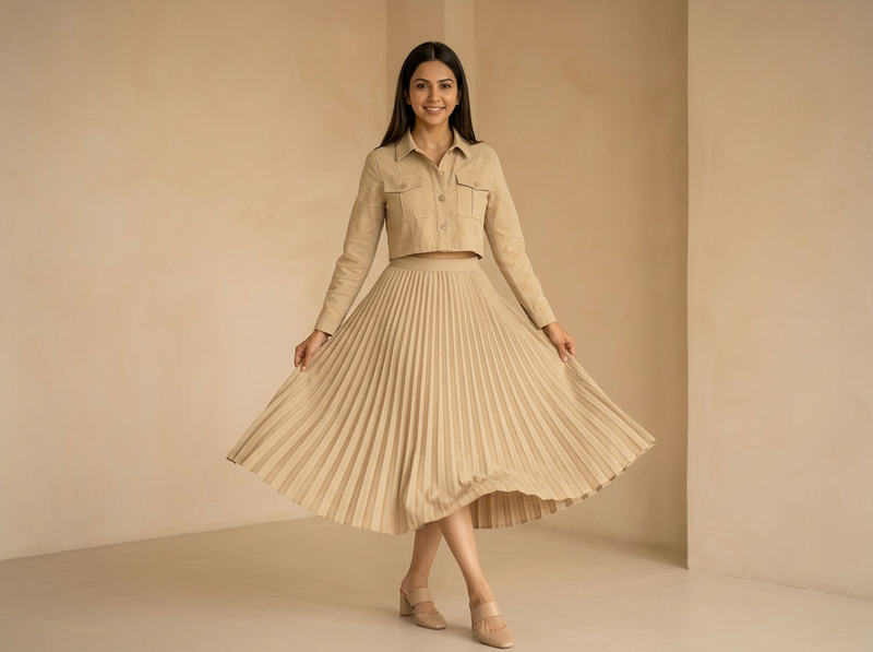 Woman wearing a beige cropped jacket with a matching pleated midi skirt, posing in a minimal indoor setting.


