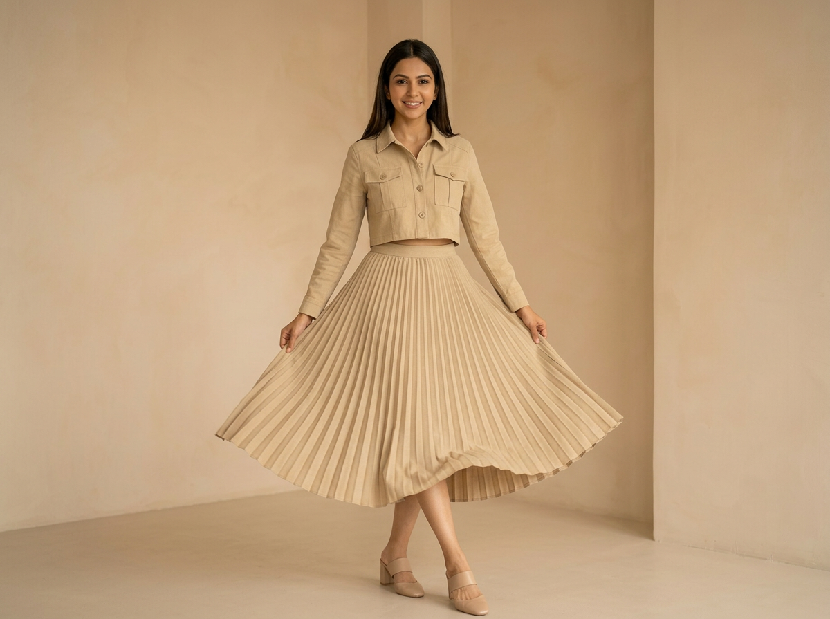 Woman wearing a beige cropped jacket with a matching pleated midi skirt, posing in a minimal indoor setting.

